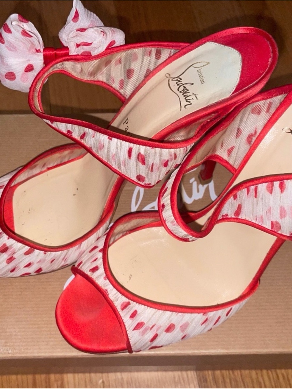 Christian Louboutin Red and White Polka Dot Peep-Toe Slingback Heels